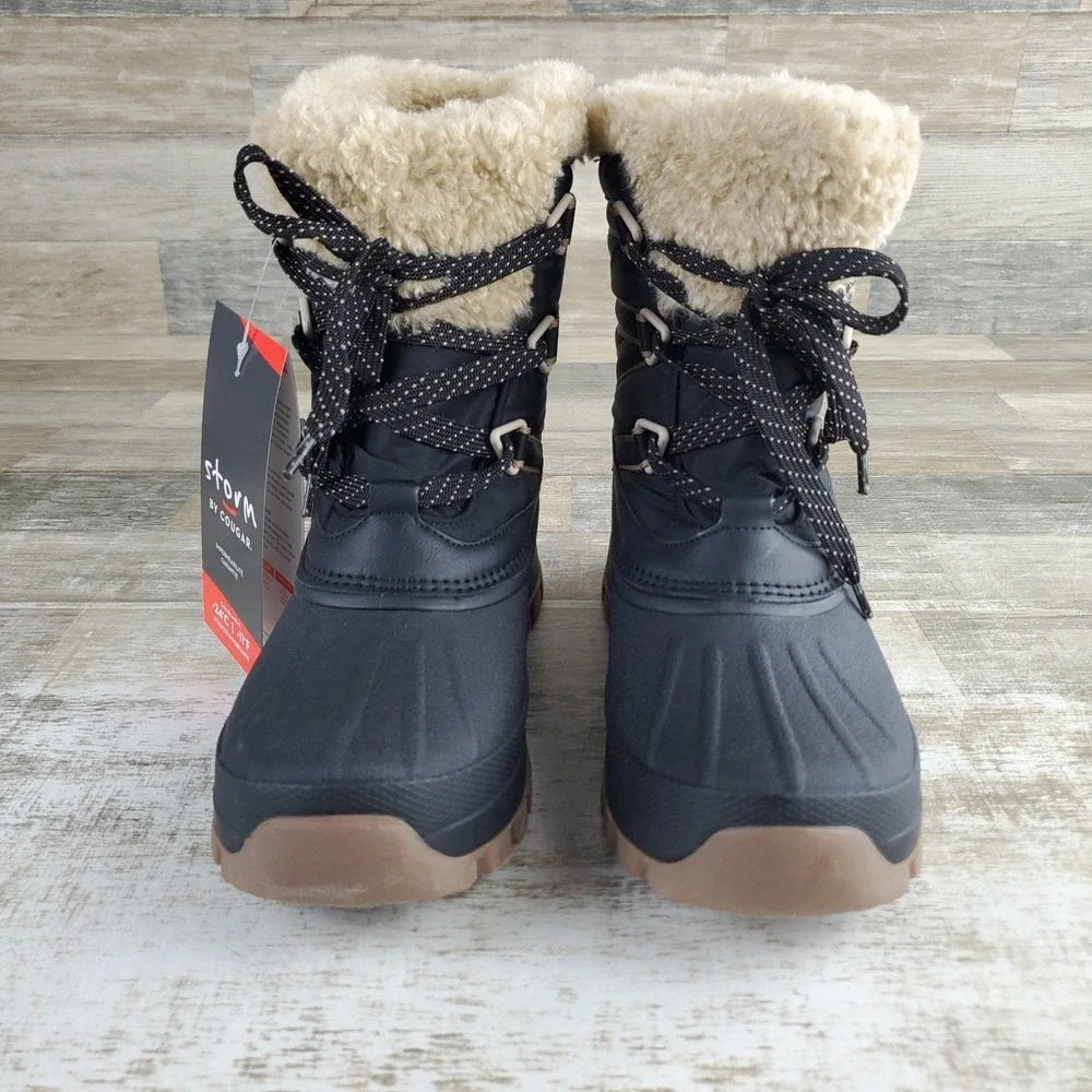 Cougar Fresno Womens Snow Boots Sz 8 Black Faux Fur Waterproof Lace Up